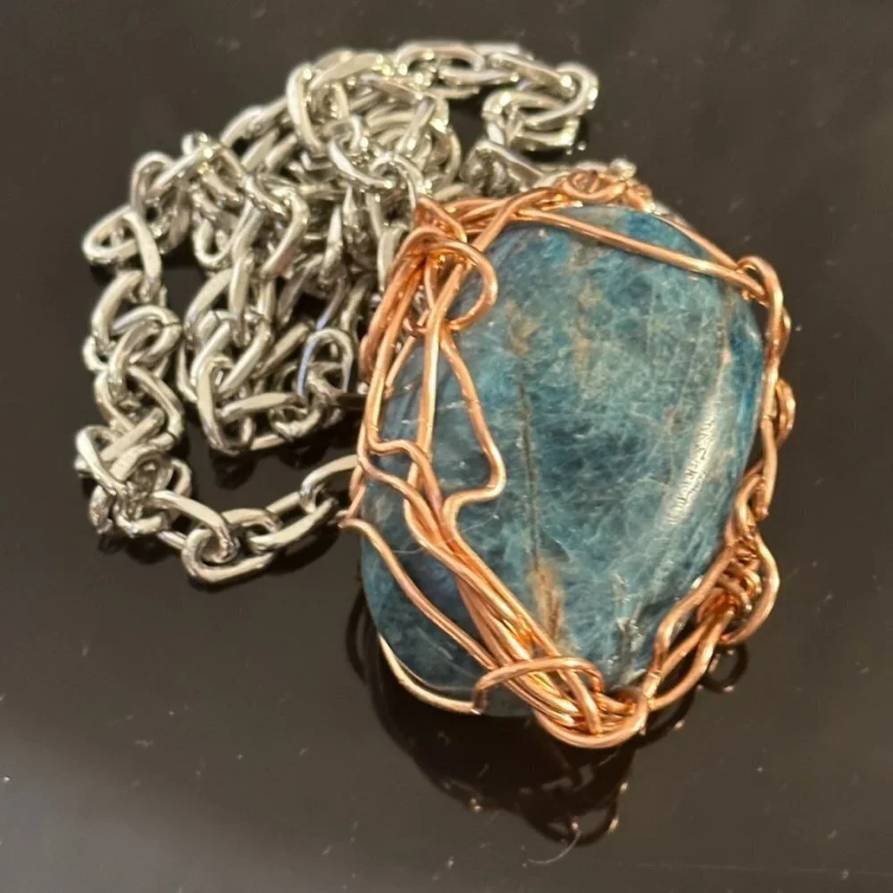 Blue Apatite Wire Wrapped Stainless Steel Wire Wrapped Copper Necklace Pendant